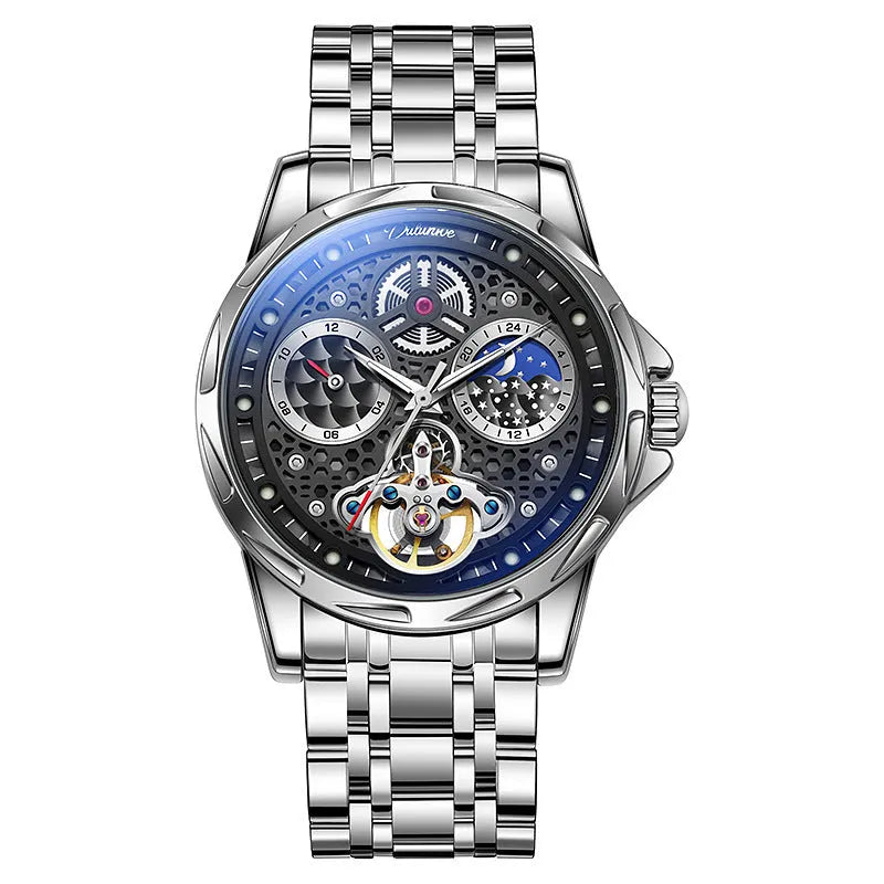 Men's waterproof automatic watch with luminous dial and steel bracelet, 13mm thickness