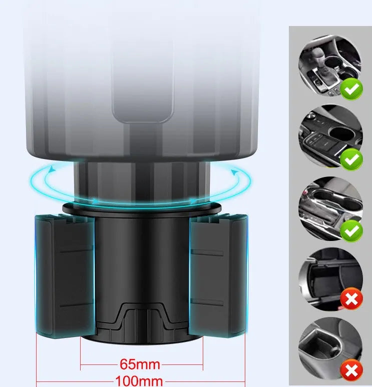 Matte black car cup holder expander with adjustable base for oversized drink containers
