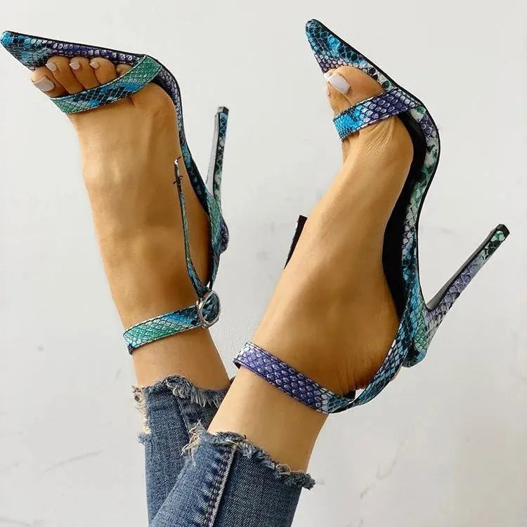 Blue women's high heels with hollow-out peep toe design and buckle fastening in European large sizes