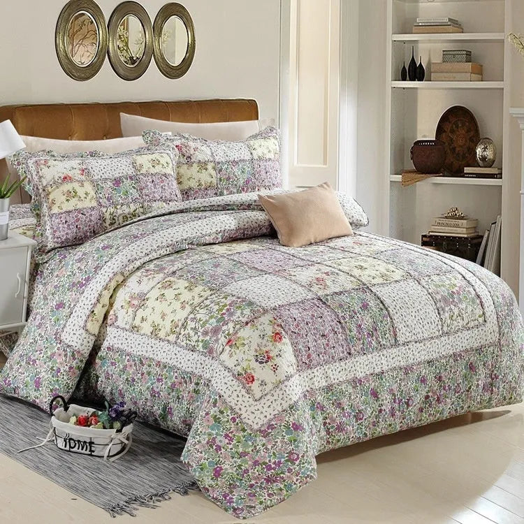 Pure cotton quilted bedspread three-piece set showing bed cover and pillowcases