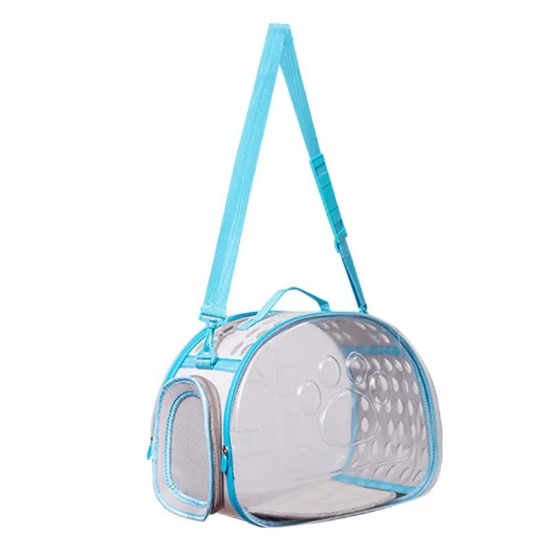 Large transparent hard EVA cat backpack carrier in violet colour showing space capsule design