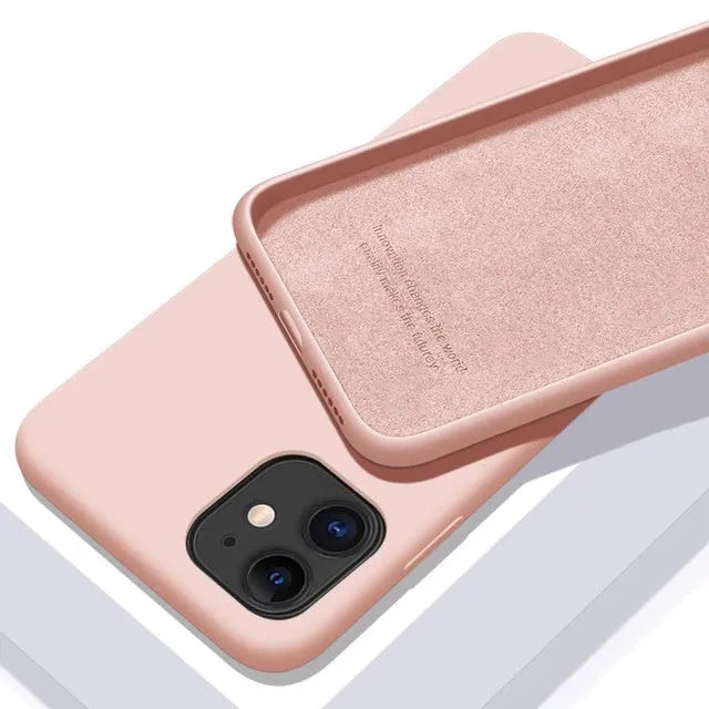 Liquid silicone phone case for iPhone in black, mint green, lavender grey, pink, and other colours