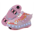 Children's double-wheel roller skates with LED luminous wheels in pink, black, and white, unisex design