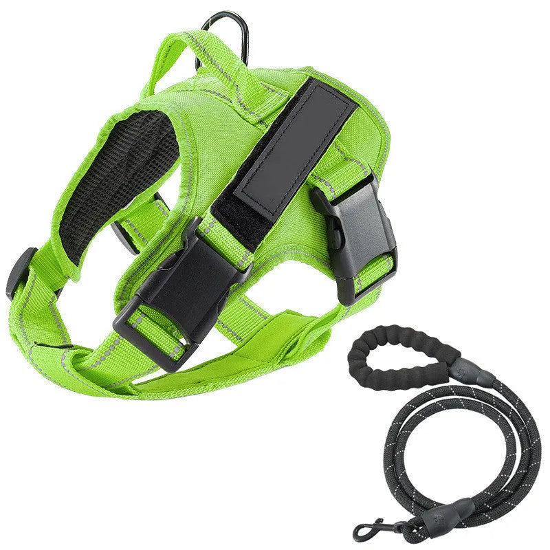 Dog vest chest strap leash harness in Oxford cloth with breathable mesh, aluminium alloy D-ring and reflective stripes, five colours and six sizes.