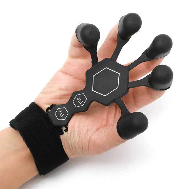 Men's silicone five-finger hand trainer in black or grey for adult grip and rehabilitation training
