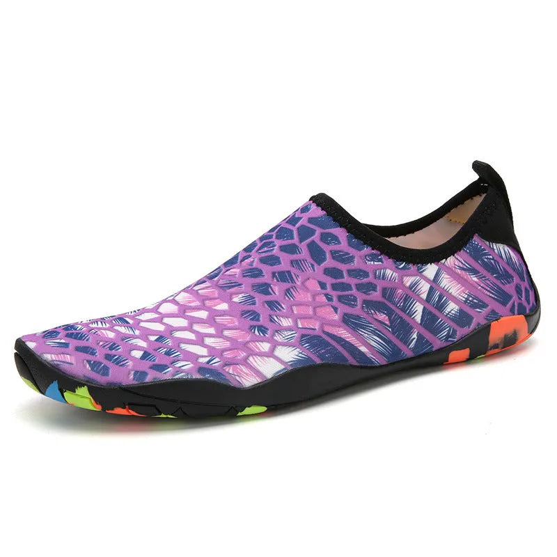 Lycra fabric beach wading shoes with EVA midsoles for men and women, shown in multiple colours