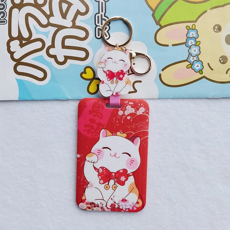 Lucky Cat cartoon theme plastic certificate sleeve set with ferrule pendant for display.