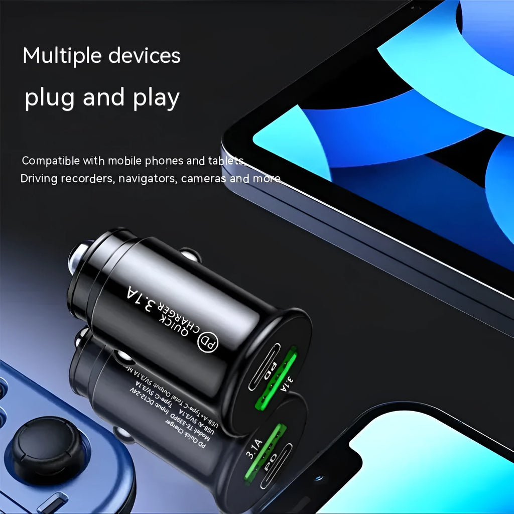 Black dual port car charger with USB-A and USB-C ports for 12V/24V vehicle charging