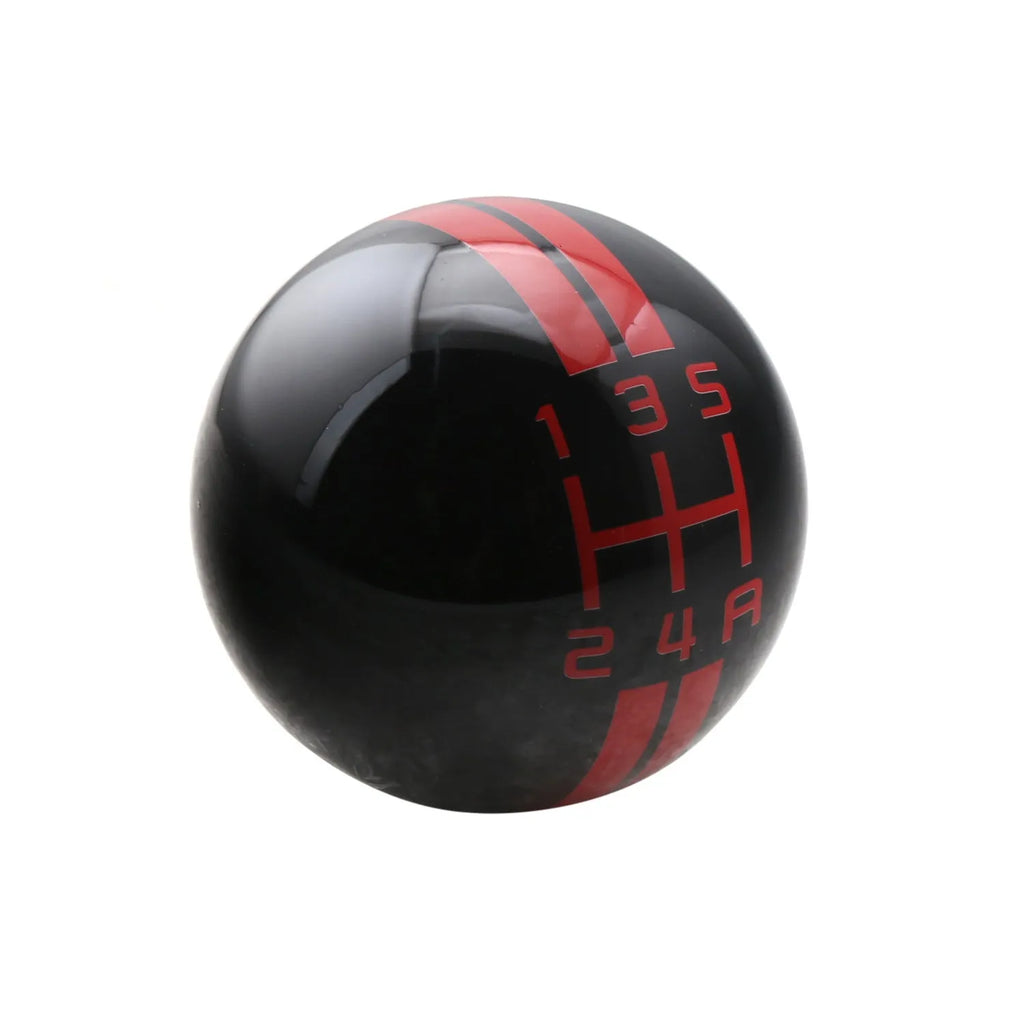 Black acrylic 5-speed manual car gear head with red racing lettering and screw adaptors for installation