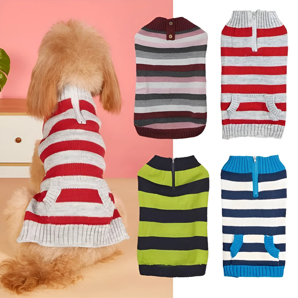 Grey dog sweater with horizontal zipper and blue button pocket on small dog