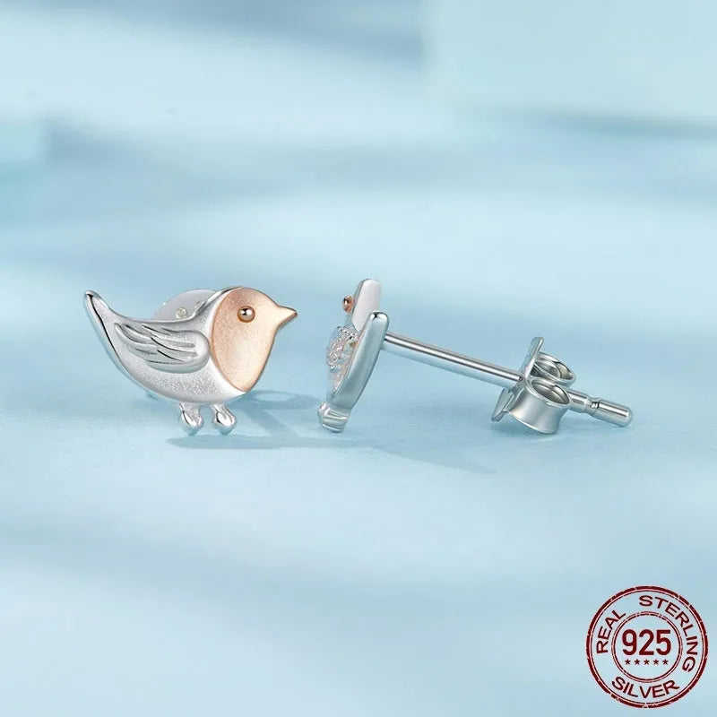 S925 sterling silver three-dimensional bird ear studs in colour SCE1944, supplied as a pair