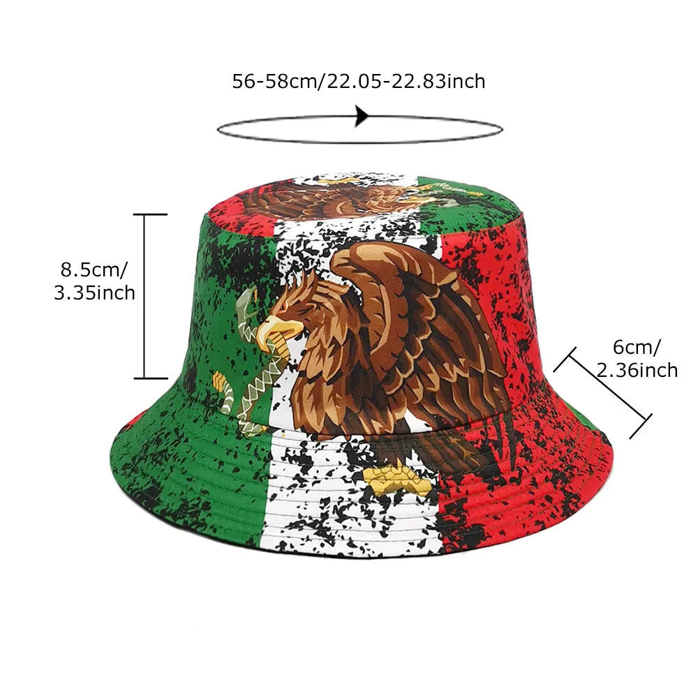 Eagle pattern polyester bucket hat with dome crown in retro style, size M fits 56-58cm
