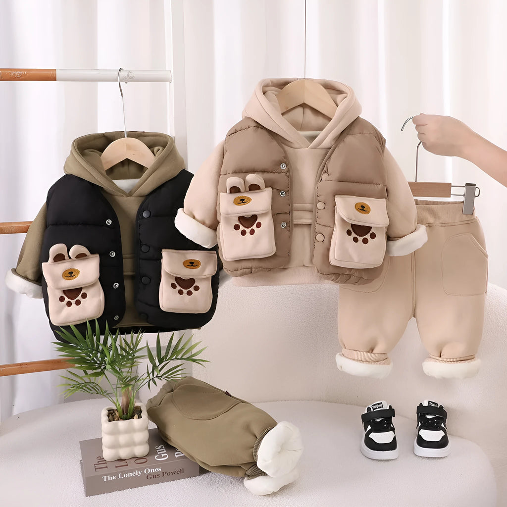 2025 new autumn winter boys cotton fleece-lined three-piece suit with hooded jacket trousers vest in beige khaki