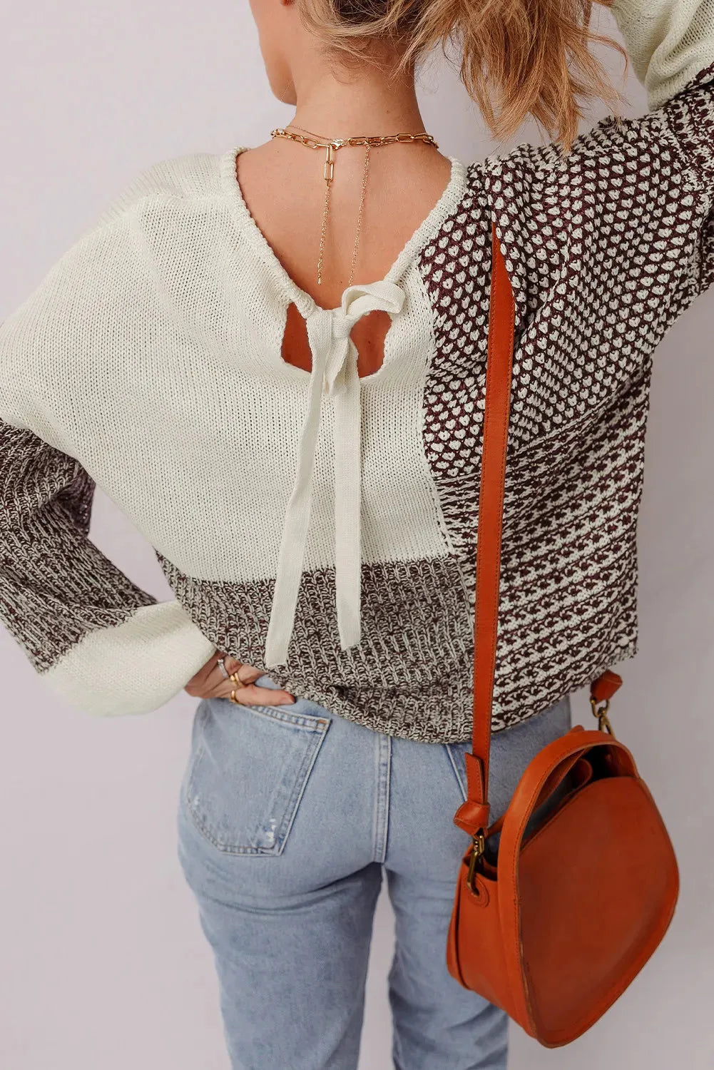 Dark khaki colour block drop shoulder loose sweater with a back tie detail.