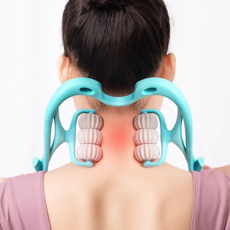 Blue handheld six-wheel massager for neck, shoulder, and waist.
