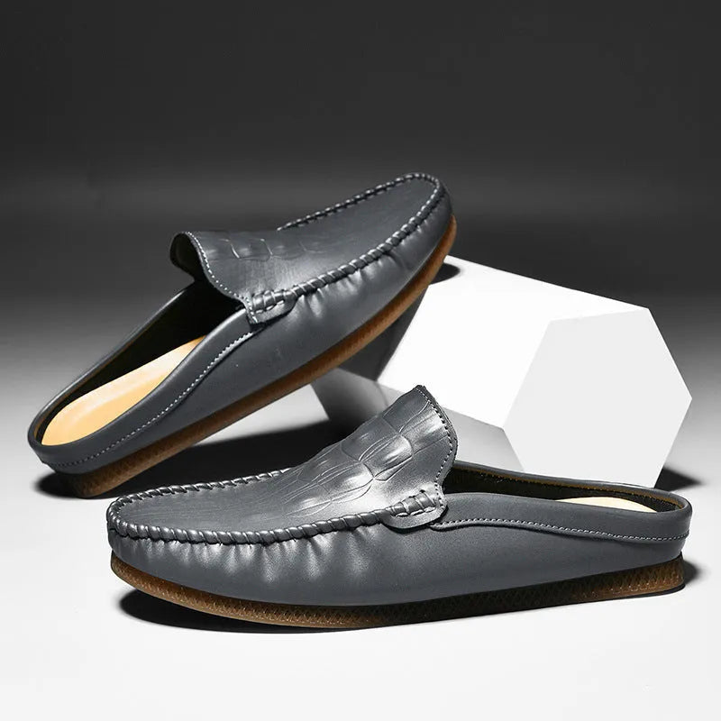 Men's black, grey and yellow breathable gommino semi-slippers with rubber sole