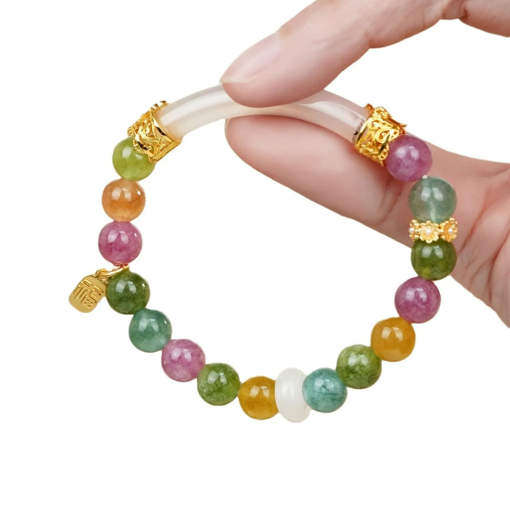 Rainbow coloured tourmaline half bracelet for women with electroplated finish