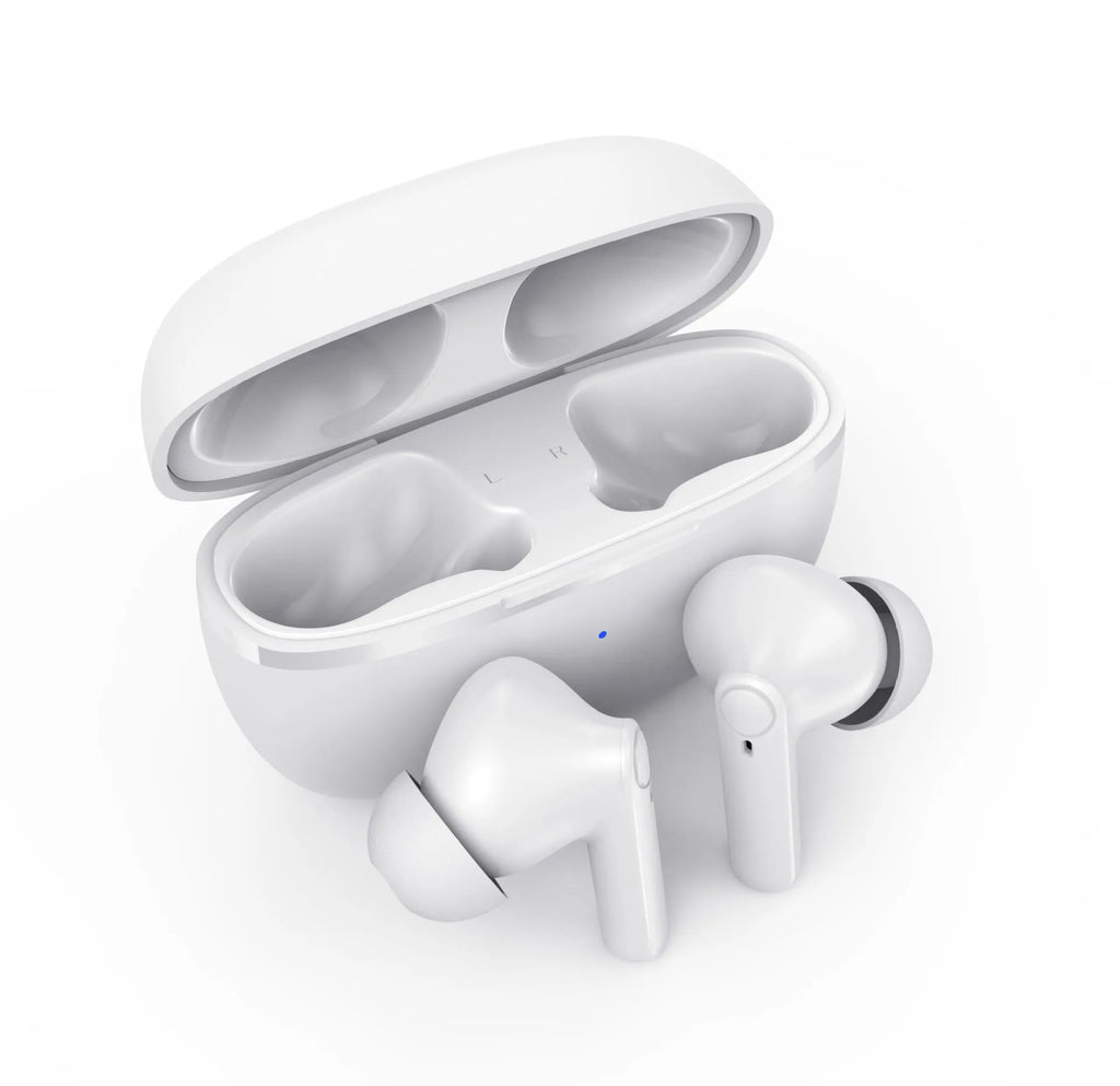 Black and white wireless in-ear stereo headset with Bluetooth 5.0, 15m range, call function, and voice control