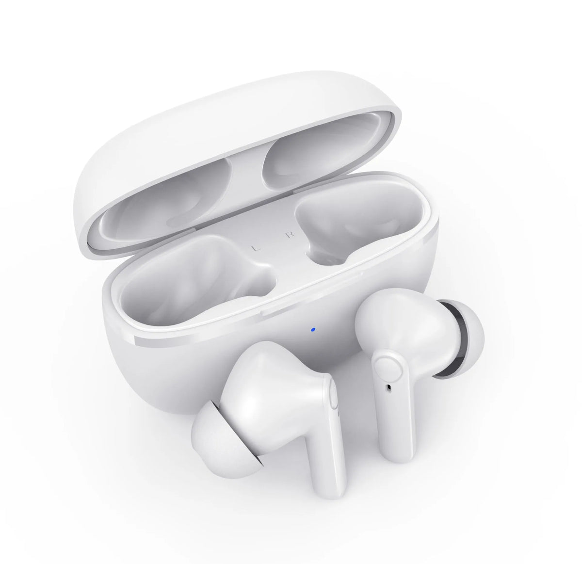 Black and white wireless in-ear stereo headset with Bluetooth 5.0, 15m range, call function, and voice control
