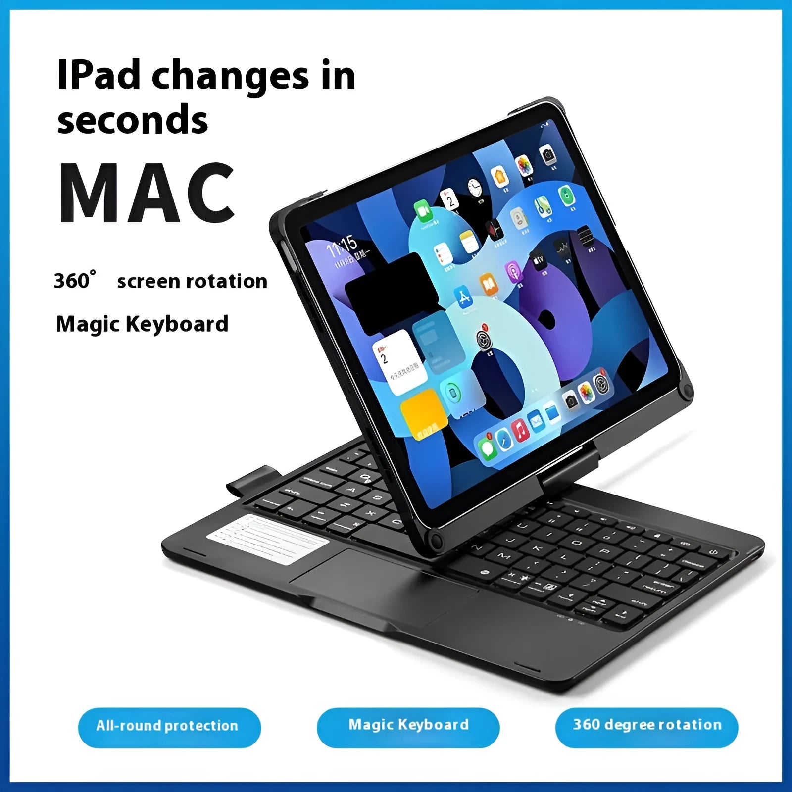 Miaocontrol silver Bluetooth keyboard with rotating stand holding an iPad tablet.