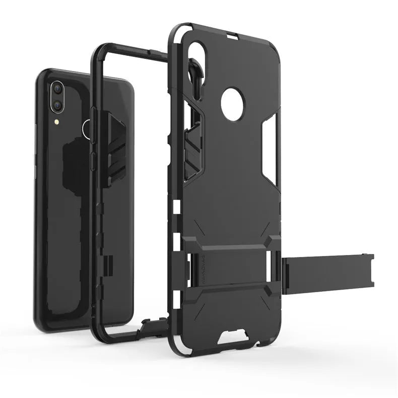 2-in-1 bracket phone case for Huawei P20 series in pure black, blue black, or red, made from TPU PC