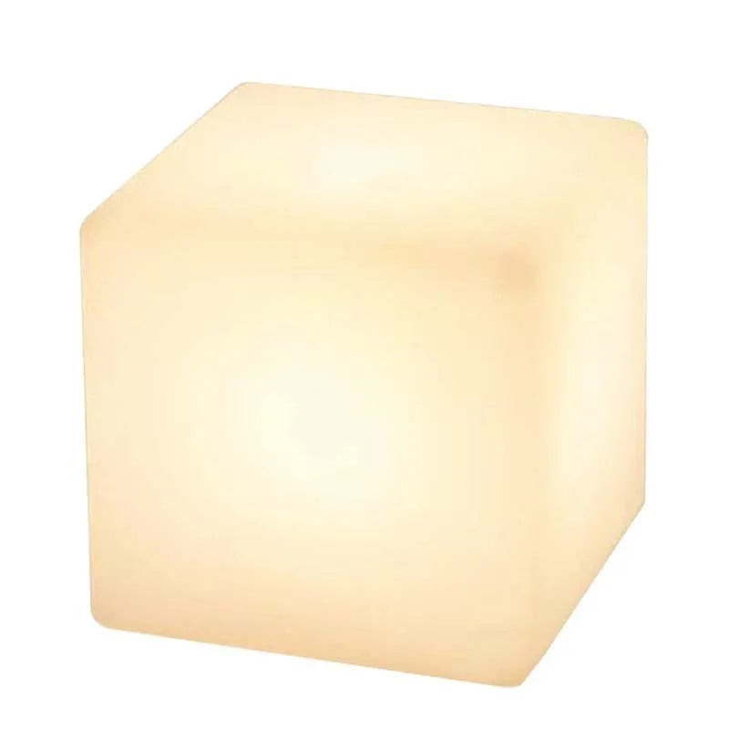 Modern square LED cube stool light for outdoor gardens, available in multiple sizes with solar or rechargeable power