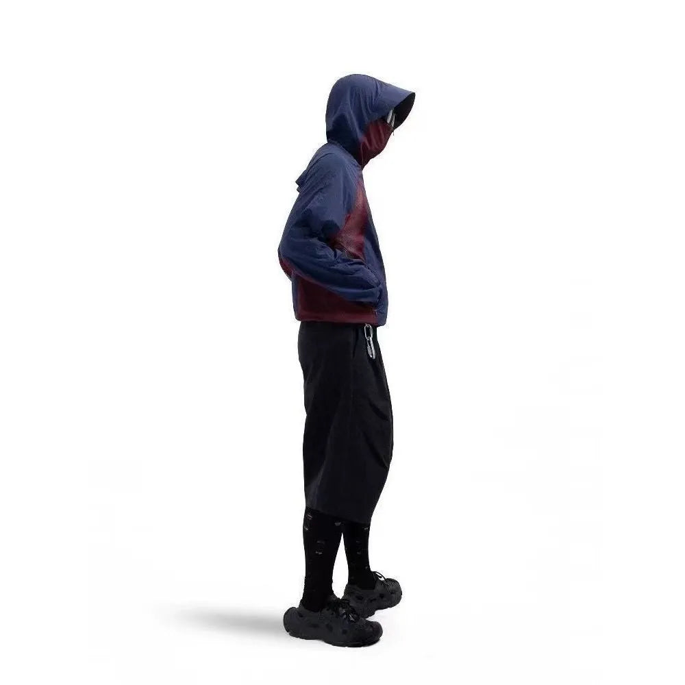 Mesh-stitched sun protective clothing in desert brown, light grey, red or blue.