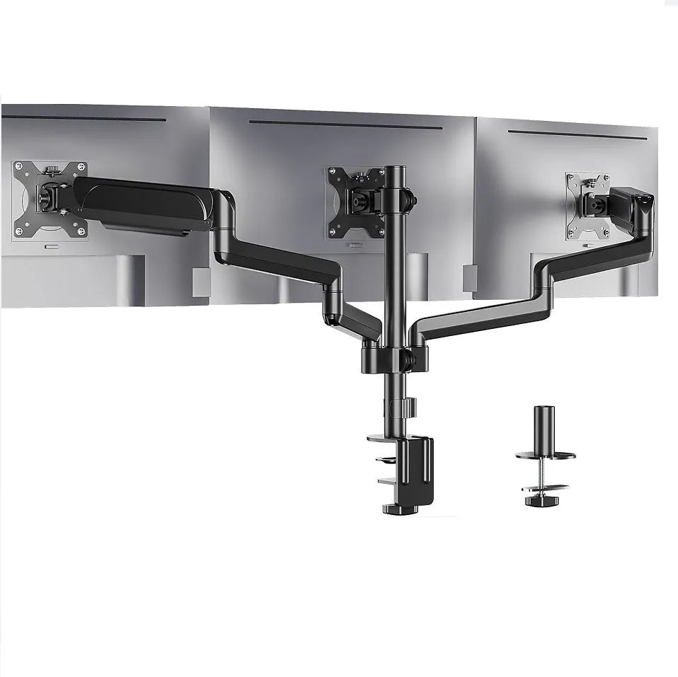 Black three-arm gas spring monitor mounting arm for 13-27 inch screens on a desk.