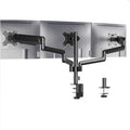 Black three-arm gas spring monitor mounting arm for 13-27 inch screens on a desk.