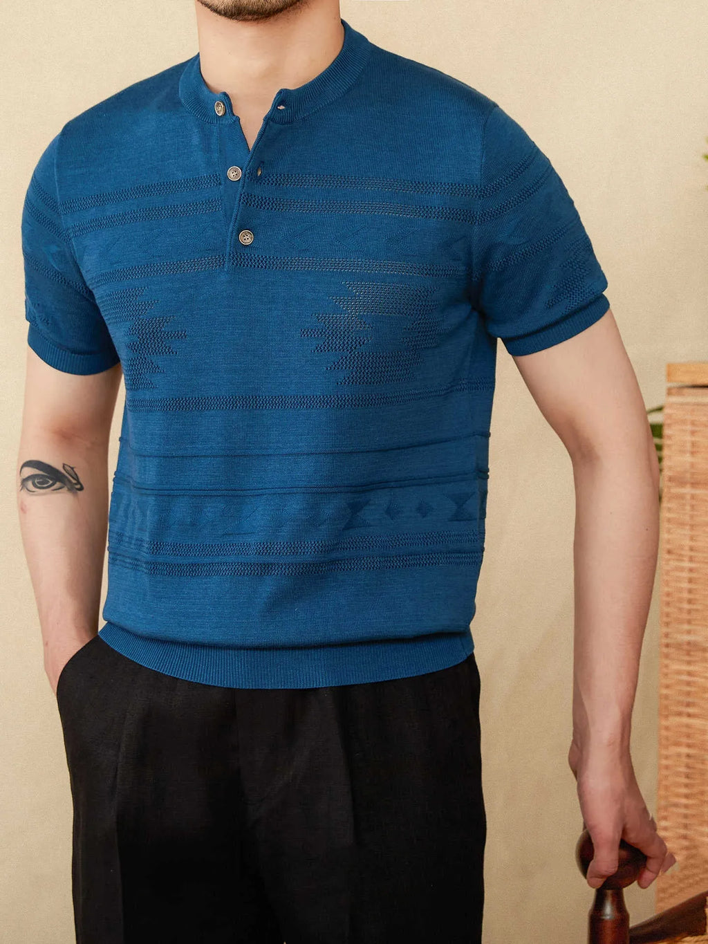 Jacquard Tencel cotton blended knitted Henley shirt in creamy-white with short sleeves and Henley collar