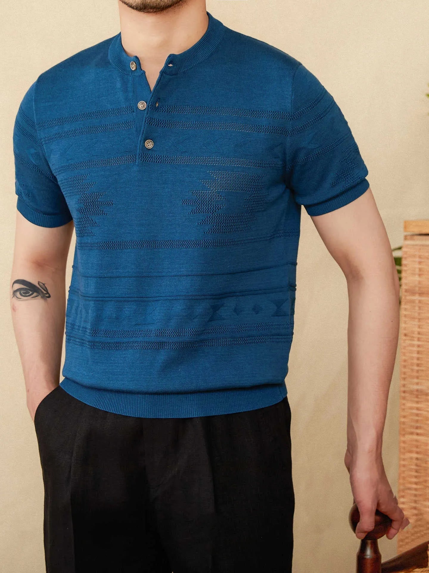 Jacquard Tencel cotton blended knitted Henley shirt in creamy-white with short sleeves and Henley collar