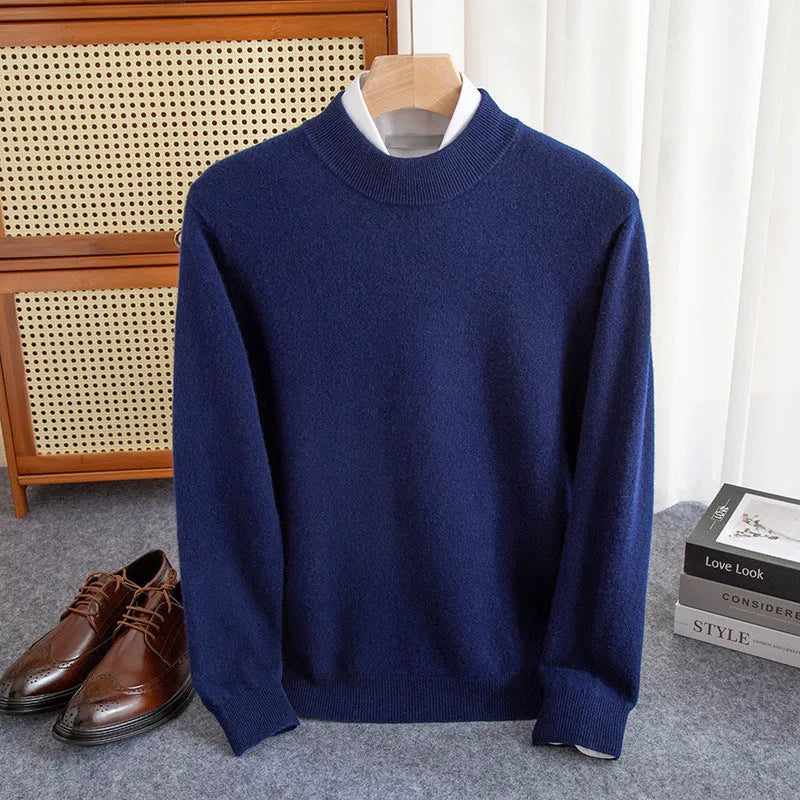 Men's chunky knit half-turtleneck wool sweater in camel colour with cable stitch detail.