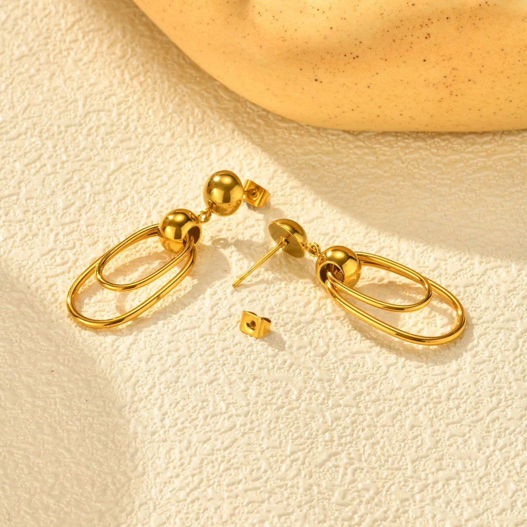 Women's gold vintage geometric earrings stainless steel oval coils round beads electroplated finish