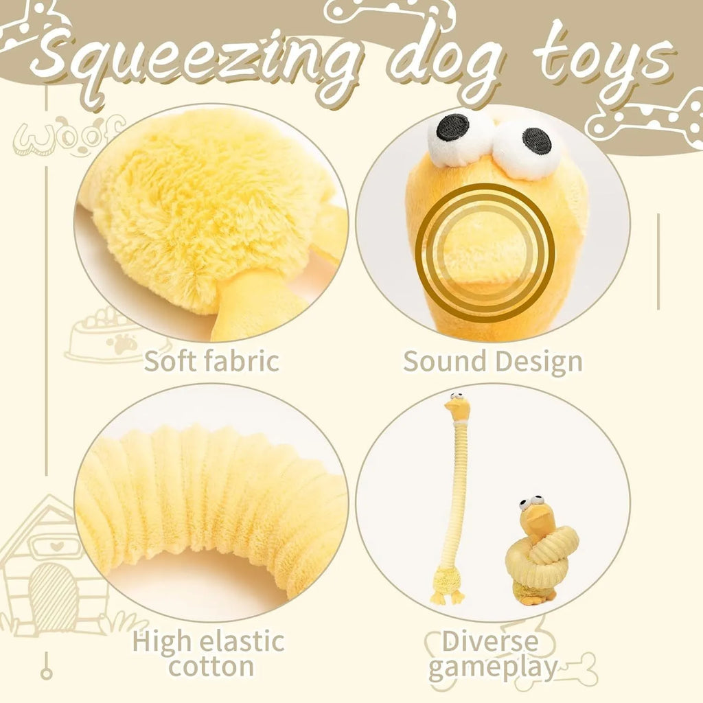 Brown plush dog toy with foldable design, showing squeaker and crinkle features.
