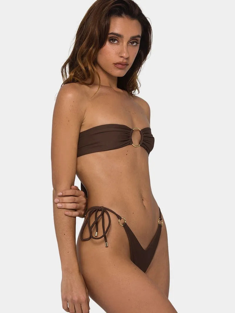 Brown tube-top push-up bikini swimsuit with ring tether detailing