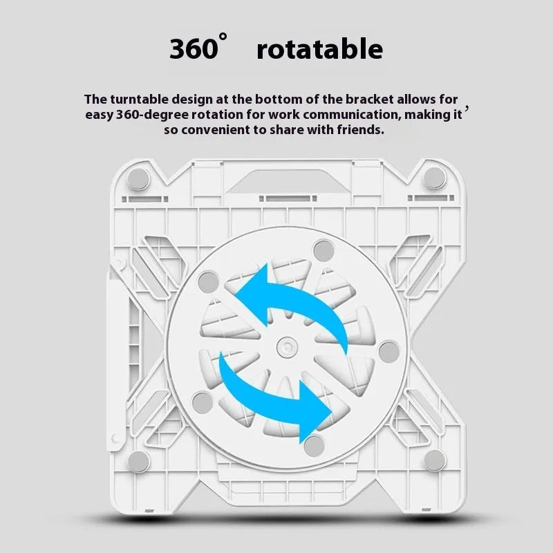 Black and white laptop bracket stand on a desk, showing its 300mm by 200mm size and low profile.