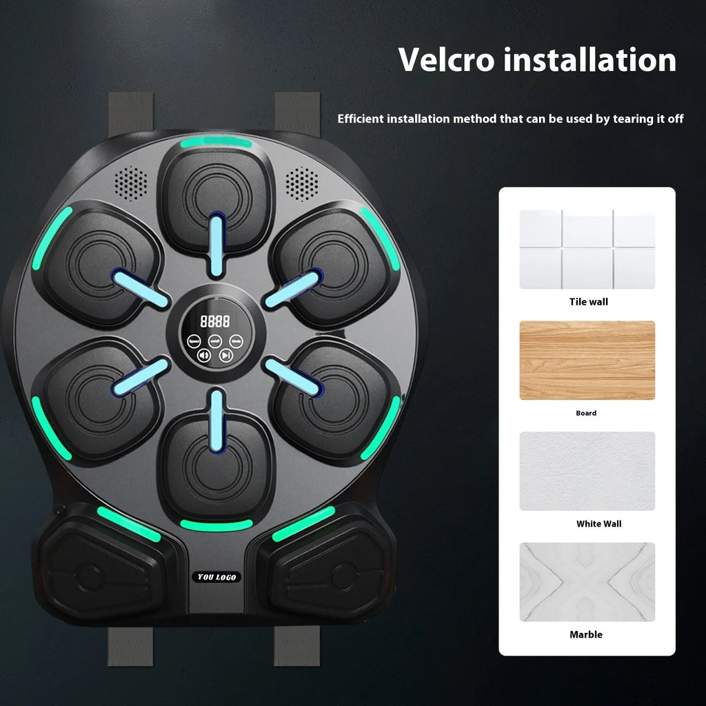 Black wall-mounted smart music boxing machine with eight targets, double lights, PU material, and adult half-finger gloves