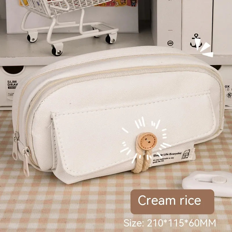 Korean-style canvas pencil case in green with capacity for approximately 80 pens