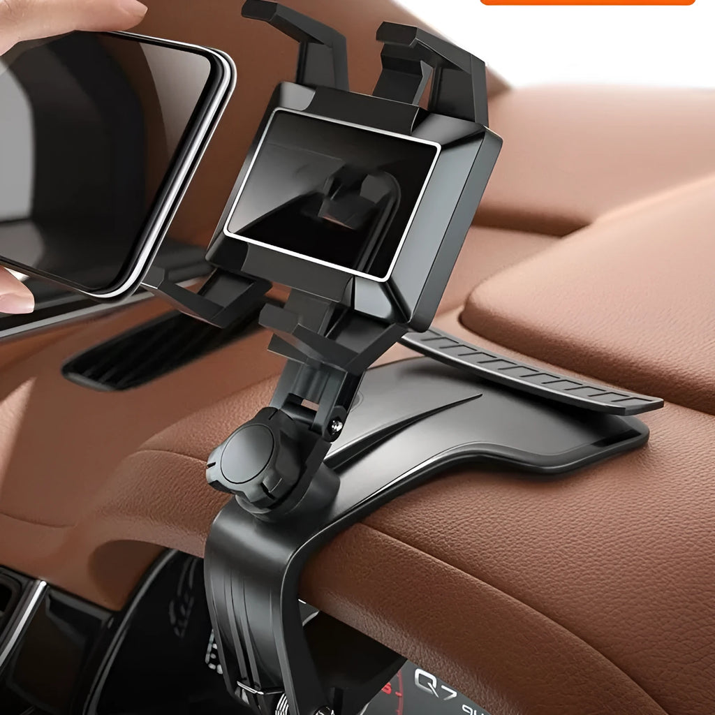 Black car phone holder with triple swivel rotation and dual spring clamp for dashboard or air outlet mounting.