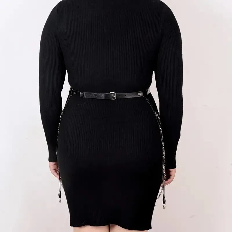 Black PU leather waist chain with bandage-style adjustable binding for women's fashion accessories