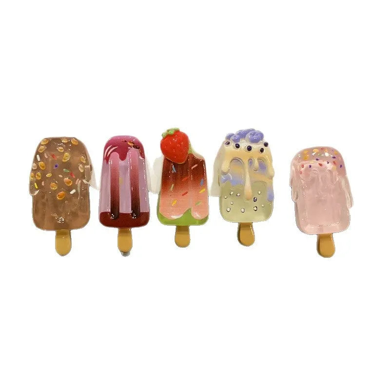Cartoon ice cream design resin hair barrette side clip in beige, brown, pink, purple, or red.