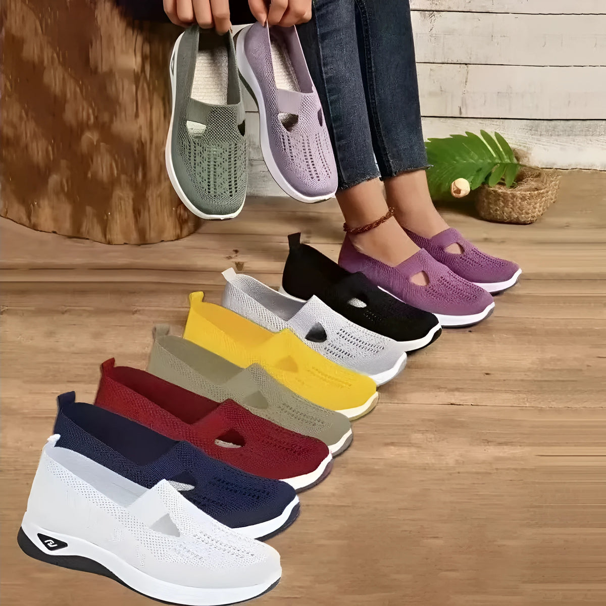 Women's casual T-strap mesh shoes with a round toe and flat heel in multiple colours.