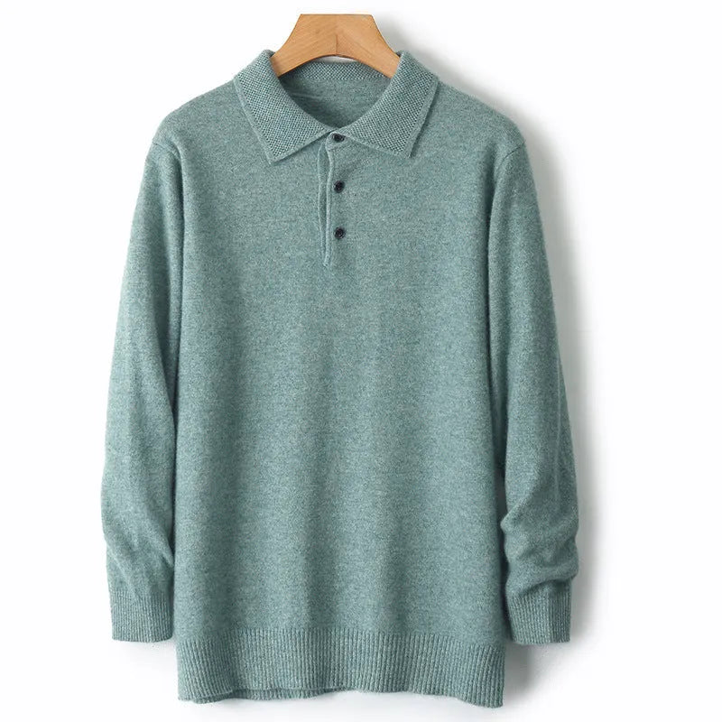 Men's wool polo collar pullover sweater in noble blue, showing long sleeves and knit texture.
