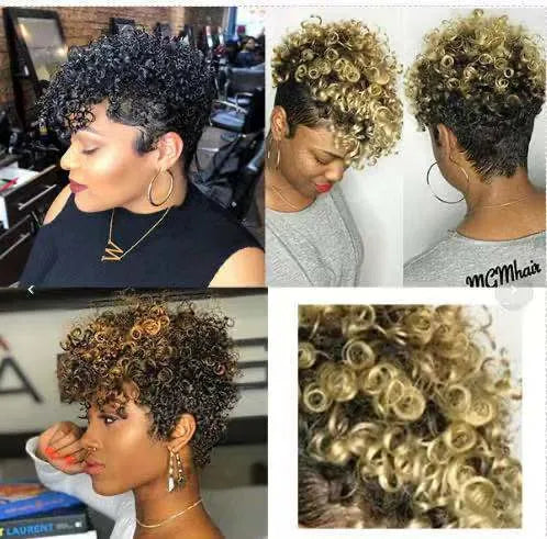Women's short synthetic wig with simple rolls style in Kanekalon fibre showing exotic decorative look