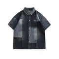 Blue Japanese-inspired retro denim shirt for men with washed stitching and loose cardigan cut