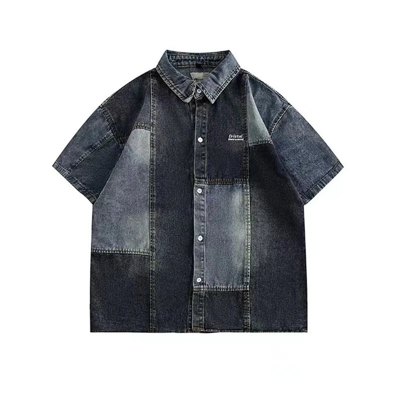 Blue Japanese-inspired retro denim shirt for men with washed stitching and loose cardigan cut
