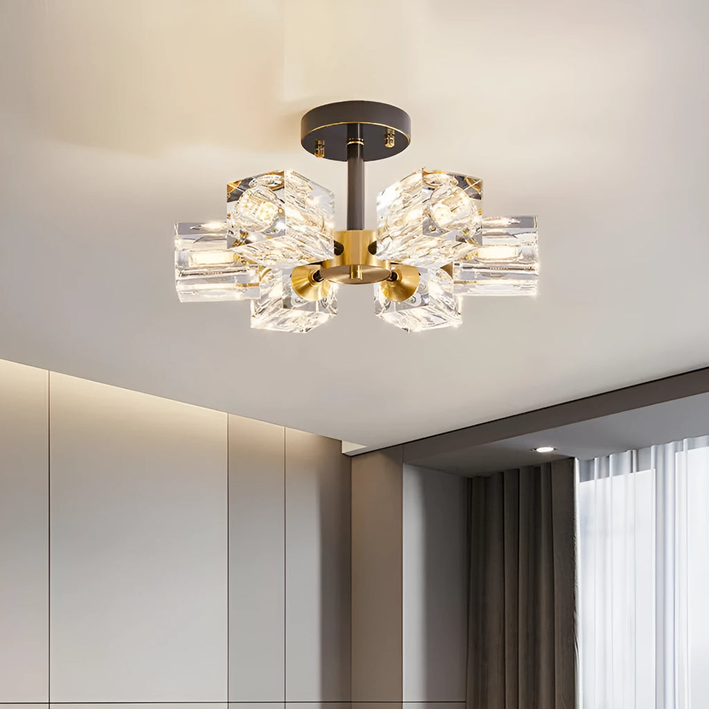 Six-head copper crystal ceiling lamp in black gold or copper finish, 110V, with full spectrum variable light
