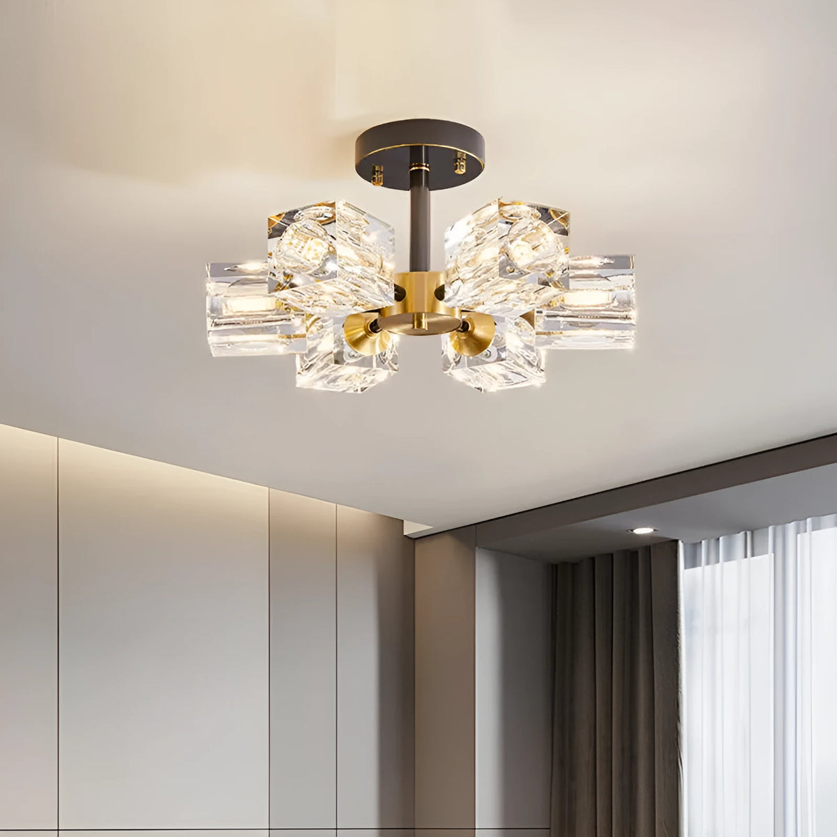 Six-head copper crystal ceiling lamp in black gold or copper finish, 110V, with full spectrum variable light