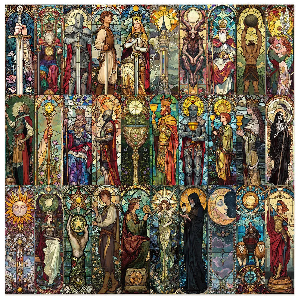 Set of 30 painted glass tarot theme paper bookmarks with cute illustrations.