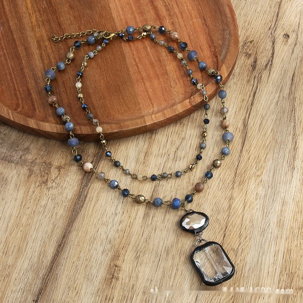 Tribal style necklace with stone and glass pendant on adjustable alloy chain in retro design